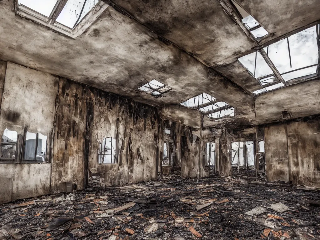 Image similar to burnt out building, interior shot, canon, award winning!!, no fire, no smoke, photography, realism, dslr photo, 8 k, journalism