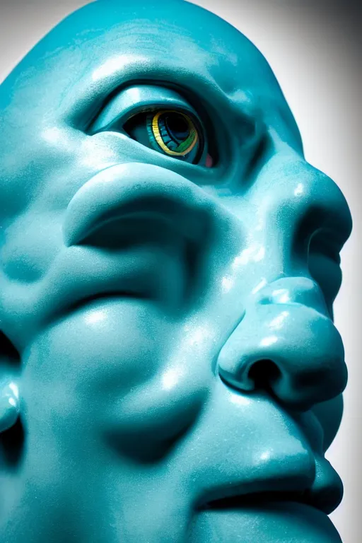 Image similar to hyperrealistic profile rococo human face with neon blue eyes and mechanical mouth Stanley Artgermm very soft teal lighting wide angle 35mm shallow depth of field 8k