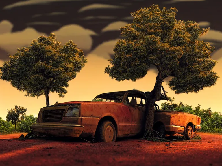 Image similar to low angle shot of tree growing inside scrap car in the foreground. overgrown. soft golden red sunset over the mountains in the background. clouds. detailed leaves, the style of 1 9 9 0's cg graphics against the cloudy night sky, lsd dream emulator psx, 3 d rendered y 2 k aesthetic by ichiro tanida, 3 do magazine, wide shot