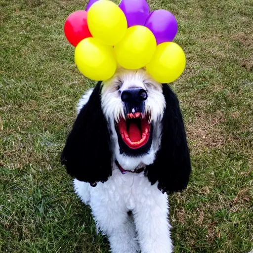 Image similar to scary clown, goldendoodle