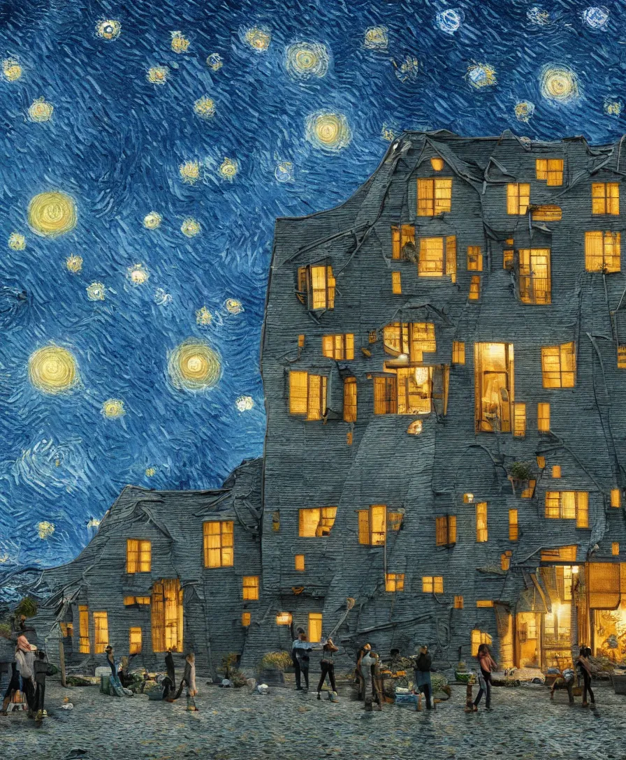 Image similar to realistic hd photo of people living on houses on moon, highly detailed, octane render, van gogh style