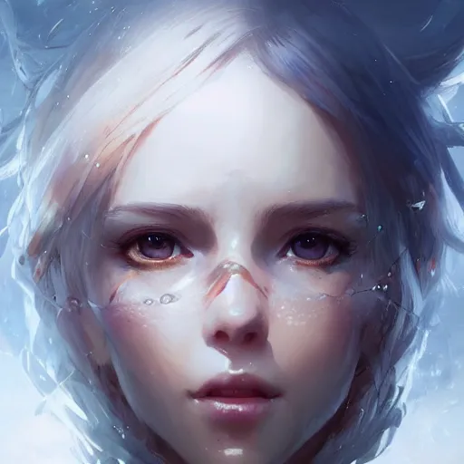 Image similar to a portrait of a beautiful lady with adorable eyes, beautiful eyes, looking up onto the sky, light smiling, art of wlop and greg rutkowski, epic fantasy art, bright light masterpiece, ray of light through white hair