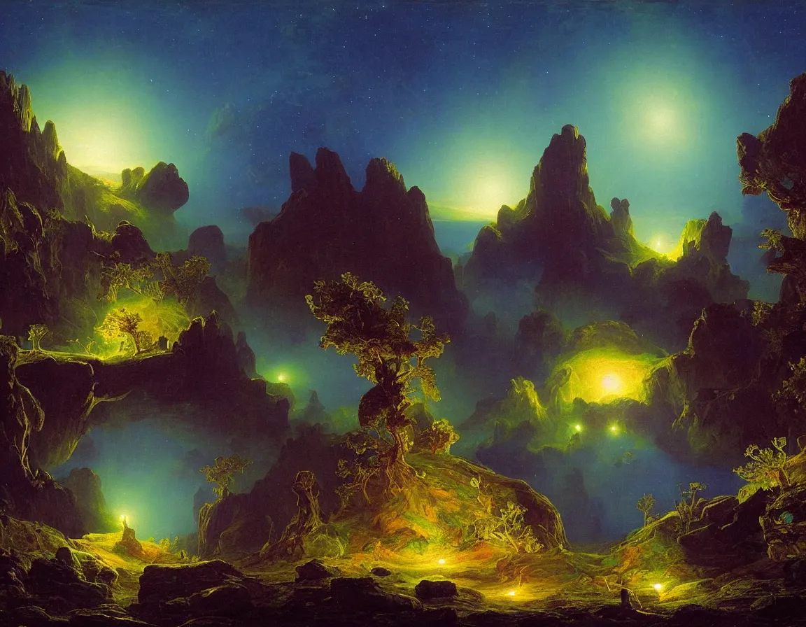 Prompt: trippy alien planet with blue bioluminescent flora at night, concept art by albert biertadt, thomas cole, frederic edwin church, hudson river school, majestic, awe - inspiring, breathtaking