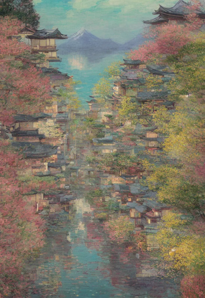 Image similar to a beautiful japanese city in the mountain, amazing ryokans and gorgeous edo era houses, fantastic non human character, epic cyberpunk, lofi vibe, colorful, vivide colors, amazing light, really beautiful nature, oil painting in impressionist style, by jeremy lipkin, by claude monet, by makoto shinkai, kandinsky touches, inspired by ghibli, masterpiece, beautiful