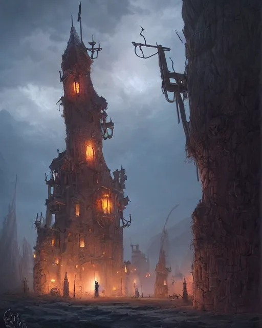 Image similar to dramatic hangman scene at the gallows pole!!! robust fantasy castle, calming, uplifting mood, ultra realistic, funny, small buildings, highly detailed, epic lighting, illuminated, cinematic, morning, art by eddie mendoza