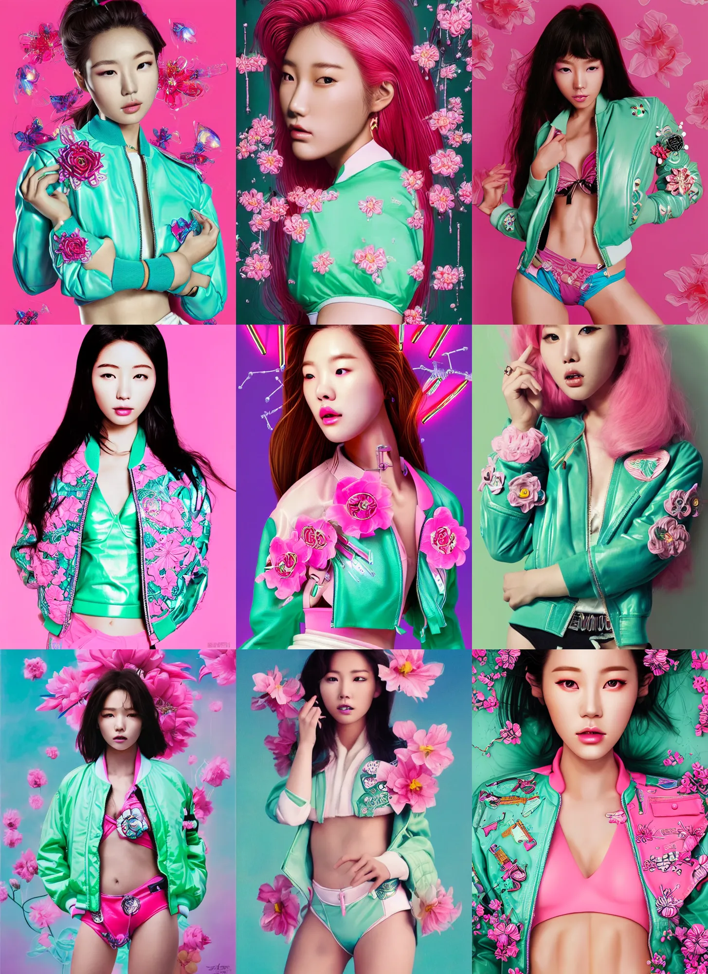 Prompt: gorgeous korean female cyborg model portrait wearing a mint - colored bomber jacket with flower ornament pattern and a pink bikini, eighties look, striking pose, retro, beautiful lights, vintage look, depth of field, hyper realistic, illustration, airbrush, 8 k, intricate, duo tone, art by david la chapelle and philip castle, artgerm