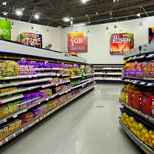 Image similar to A interior view of a grocery store in the future, nanotech is ubiquitous