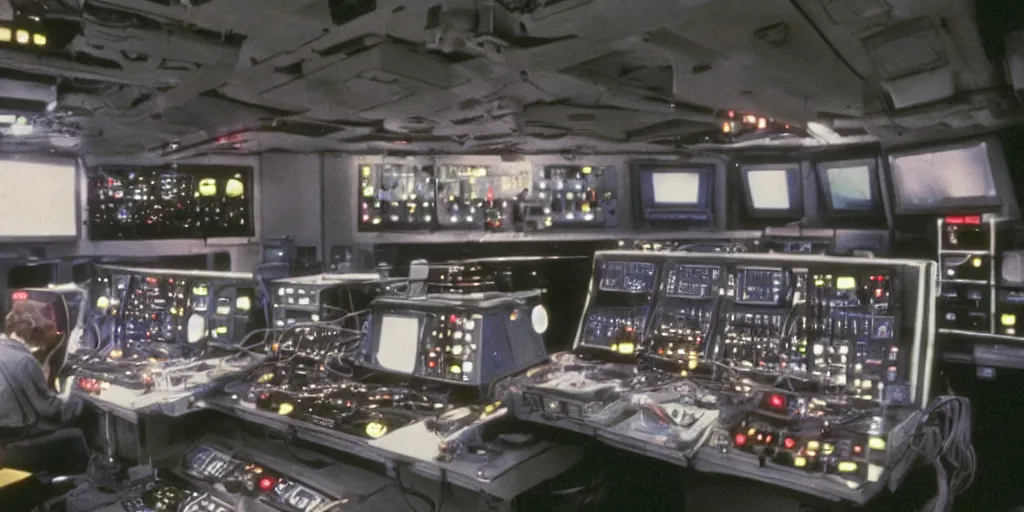 Prompt: colored film still of a machinery control room on a space ship freighter, ridley scott movie, 1 9 8 0 s sci - fi, claustrophobic, long tube, hardware, screens, controls,