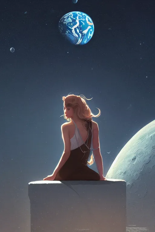 Prompt: Woman sitting on the moon with a view of the earth in the background, elegant, digital painting, highly detailed, artstation, concept art, smooth, sharp focus, illustration, art by artgerm and greg rutkowski.