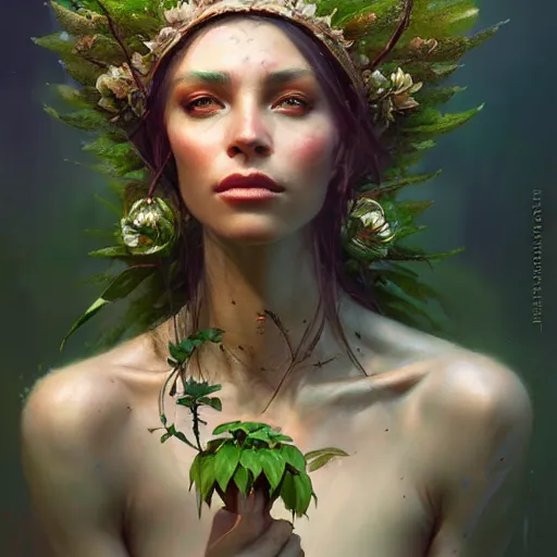 Image similar to a beautiful portrait of a plant goddess by Greg Rutkowski and Raymond Swanland, Trending on Artstation, ultra realistic digital art