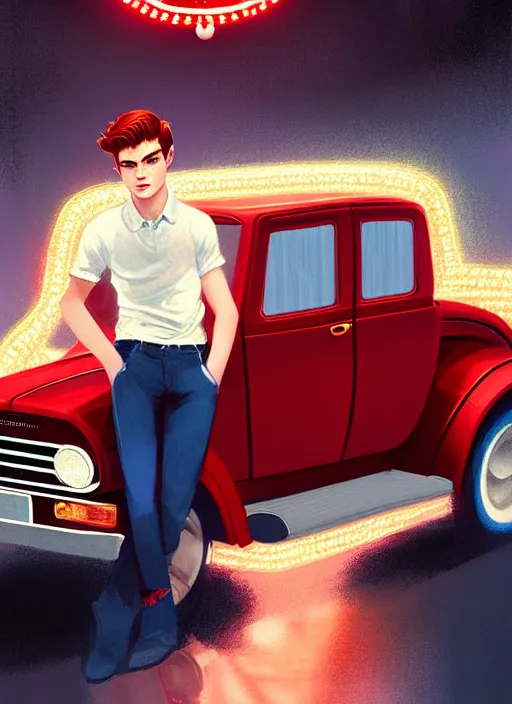 Image similar to teenage archie andrews, in a red ford model t, intricate, elegant, glowing lights, highly detailed, digital painting, artstation, sharp focus, illustration, art by wlop, mars ravelo and greg rutkowski