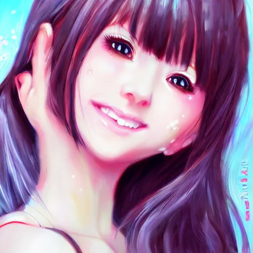 Image similar to cute girl smiling blushing kawaii lovely art drawn in art style of WLOP full HD 4K highest quality realistic beautiful gorgeous natural WLOP artist painting