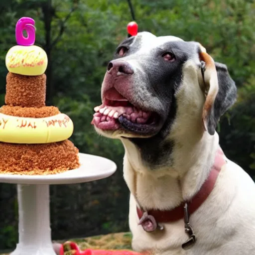 Image similar to a big dog drooling over a birthday cake made entirely of sausages