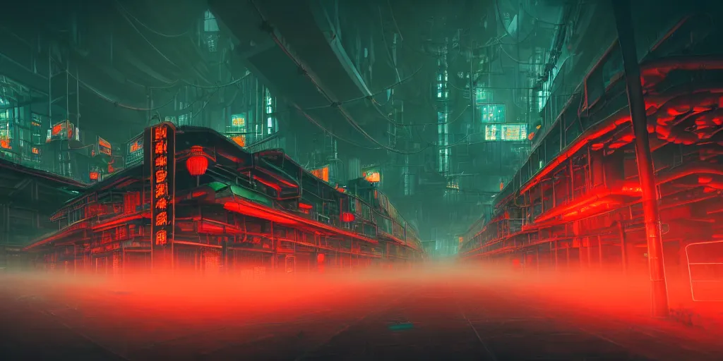 Prompt: a low angle photography of a big giant ominous industrial, futuristic cyberpunk factory at cloudy night with green and orange and red light and pipes and cables with a big chinese character neon sign + with fog + corporation + artstation photorealistic concept art