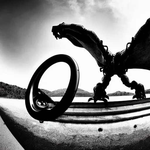 Prompt: deathclaw, monster driving the car, wide lens, 2 4 mm