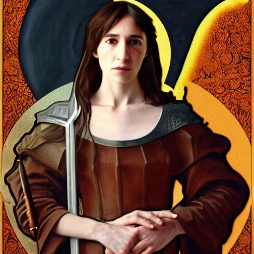 Prompt: portrait of charlotte gainsbourg as joan of arc, hyperreal digital painting, iconography influenced by alphonse mucha and eugene delacroix, arstation and deviantart trends, high resolution 8 k