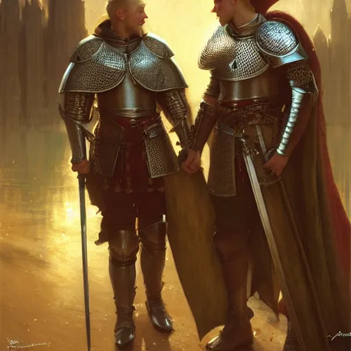 Image similar to attractive arthur pendragon and his favourite attractive male knight, they are in love, camelot, natural lighting, path traced, highly detailed, high quality, digital painting, by gaston bussiere, craig mullins, j. c. leyendecker