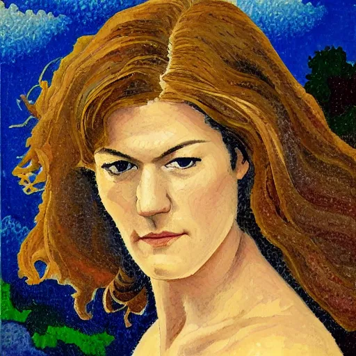 Prompt: professional painting of Jennifer Carpenter in the style of Henri-Edmond Cross, head and shoulders portrait, symmetrical facial features, smooth, sharp focus, illustration, intricate, stormy weather, extremely detailed masterpiece,