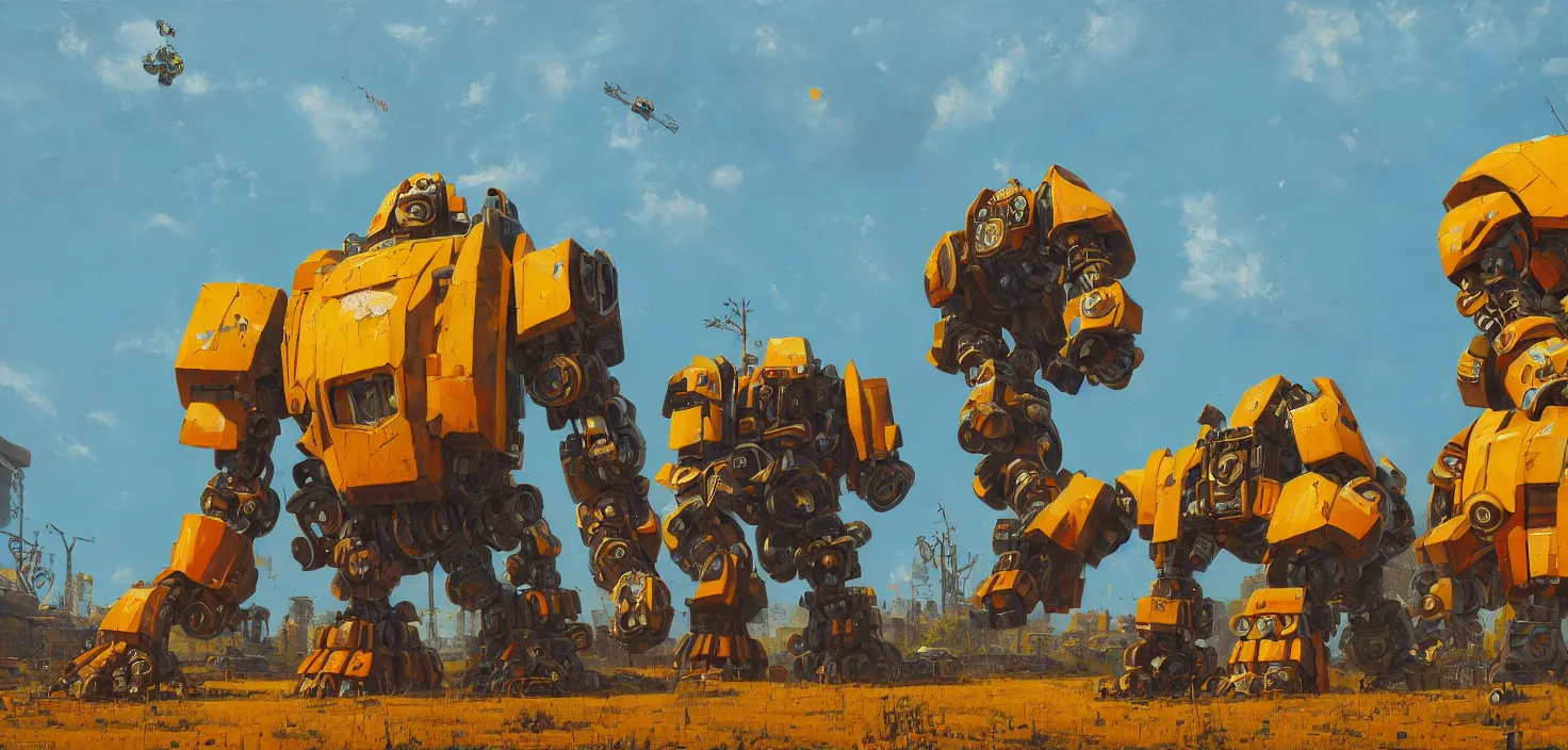 Prompt: an intricate oil painting of a giant south african armored gorilla shaped scrap metal mecha by simon stalenhag, yellow, orange and cyan paint decals