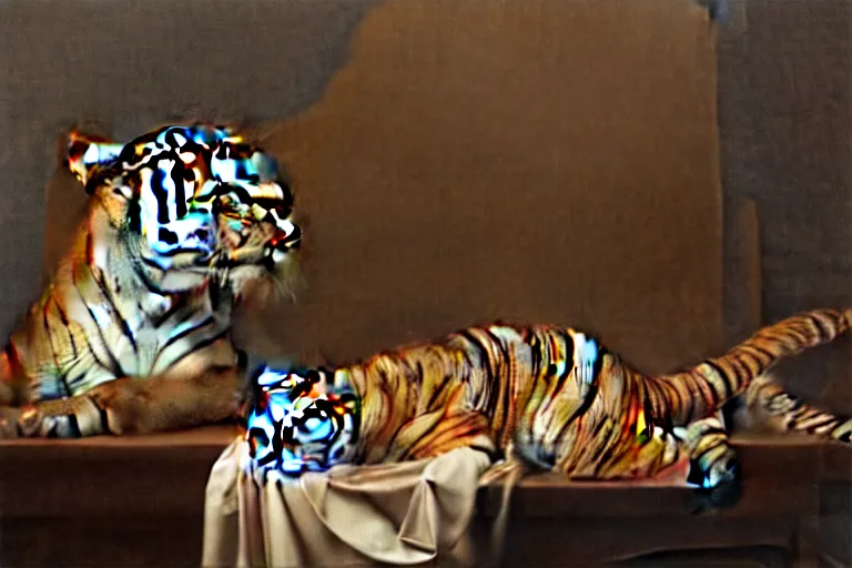 Image similar to still life of a fish dancing around a big ballpoint pen, a tiger is watching ,baroque painting, beautiful detailed intricate insanely detailed octane render, 8K artistic photography, photorealistic, chiaroscuro, Raphael, Caravaggio