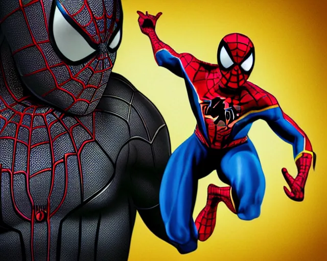 Image similar to photorealistic sketch of black spider - man with gold webbing