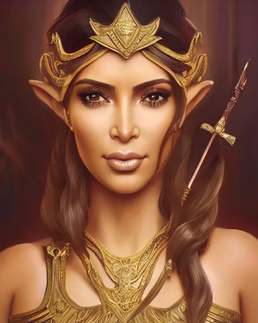 Image similar to A film still of kim kardashian as princess zelda in real life, highly detailed, digital painting, artstation, concept art, sharp focus, illustration, cinematic lighting, art by artgerm and greg rutkowski and alphonse mucha diffuse lighting, fantasy, intricate, elegant, highly detailed, lifelike, photorealistic, digital painting, artstation, illustration, concept art, smooth, sharp focus, art by John Collier and Albert Aublet and Krenz Cushart and Artem Demura and Alphonse Mucha