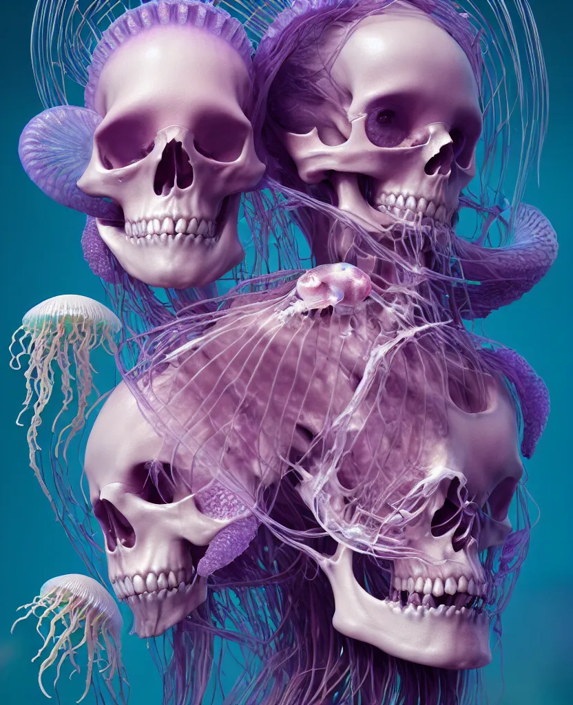 Image similar to goddess close - up portrait human skeleton, ram skull, jellyfish, orchid, betta fish, bioluminiscent, intricate artwork by tooth wu and wlop and beeple. octane render, trending on artstation, greg rutkowski very coherent symmetrical artwork. cinematic, hyper realism, high detail, octane render, 8 k