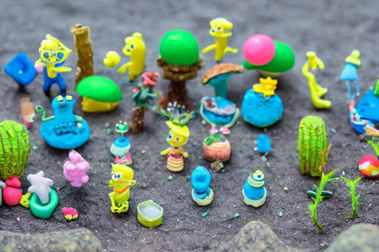 Image similar to miniatures photography of bikini bottom ( spongebob location ), everything has a plasticine sheen