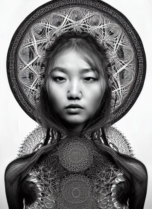 Prompt: ridiculously beautiful young asian woman thinking by irakli nadar, several layers of intricate sacred geometry, orgasm, cosmic, natural, awakening, symmetrical, in the style of ernst haeckel and alex grey, intricate woven doily, black leather, warm, photo realistic, epic and cinematic