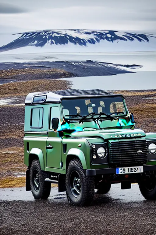 Prompt: land rover defender in iceland in the style of salvador dali