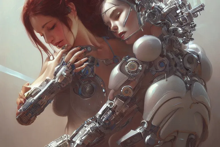 Image similar to Ultra realistic illustration, woman hugging a robot cyberpunk, sci-fi, fantasy, intricate, elegant, highly detailed, digital painting, artstation, concept art, smooth, sharp focus, illustration, art by artgerm and greg rutkowski and alphonse mucha