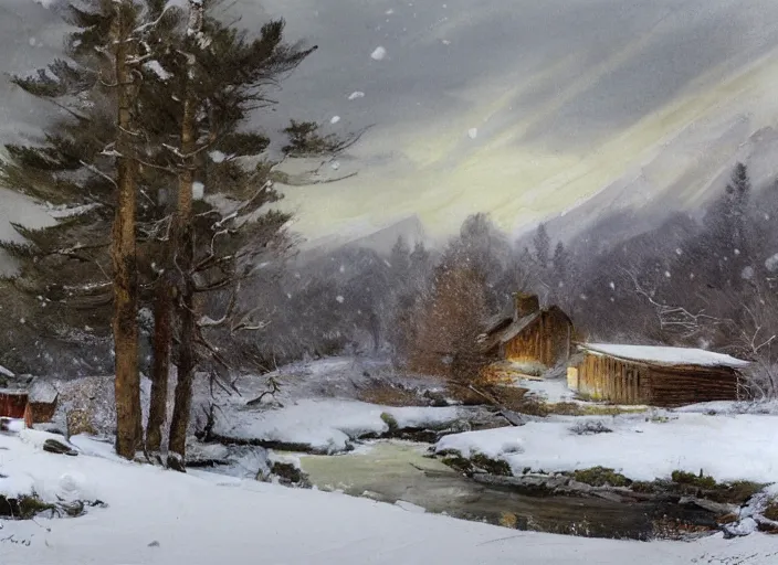 Image similar to oil painting, snow blizzard in woodland meadow, log cabin, smoke billowing from chimney, water stream, water wheel, oak trees, pine trees, wooden bridge, mild breeze wind, mountain in background, high detailed art by anders zorn, wonderful masterpiece by greg rutkowski, beautiful cinematic light, american romanticism by greg manchess, creation by tyler edlin