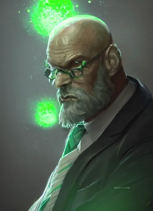 Image similar to a highly detailed illustration of bald old man wearing suit with green glowing eyes, dramatic standing pose, intricate, elegant, highly detailed, centered, digital painting, artstation, concept art, smooth, sharp focus, league of legends concept art, wlop.