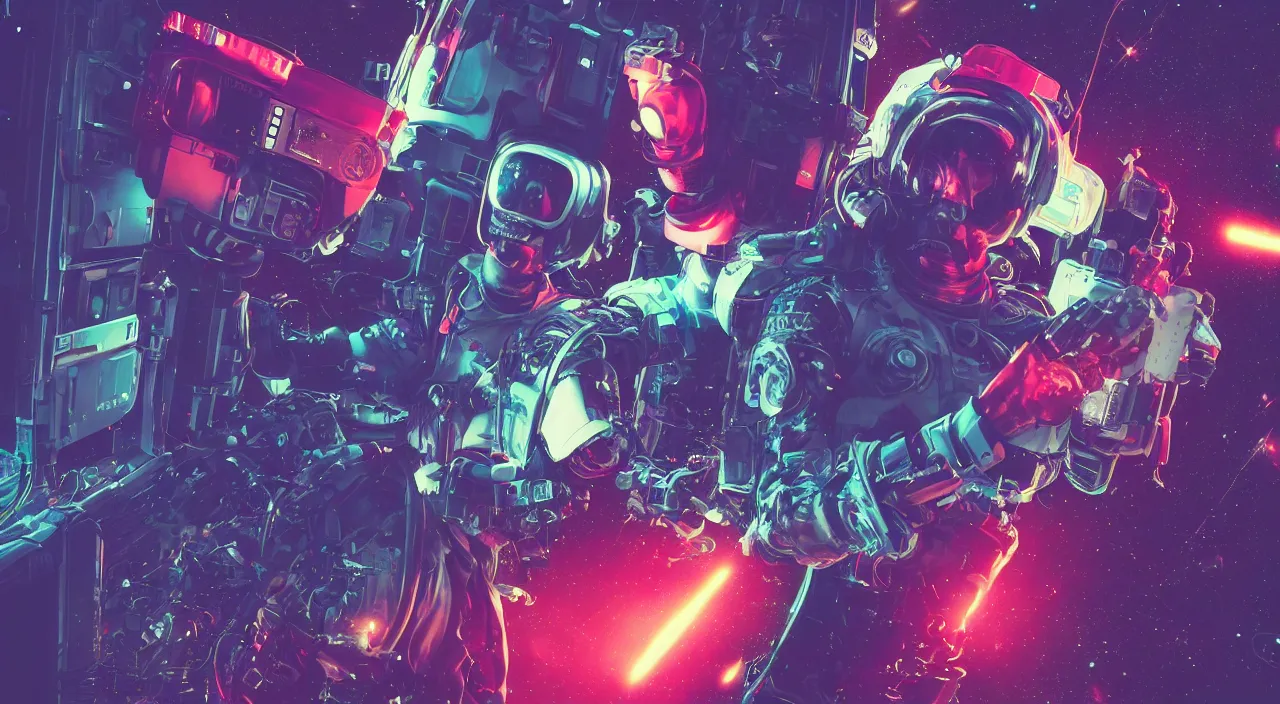 Prompt: a man in a space suit with a boom box on his shoulder, cyberpunk art by mike winkelmann, shutterstock contest winner, space art, darksynth, retrowave, synthwave