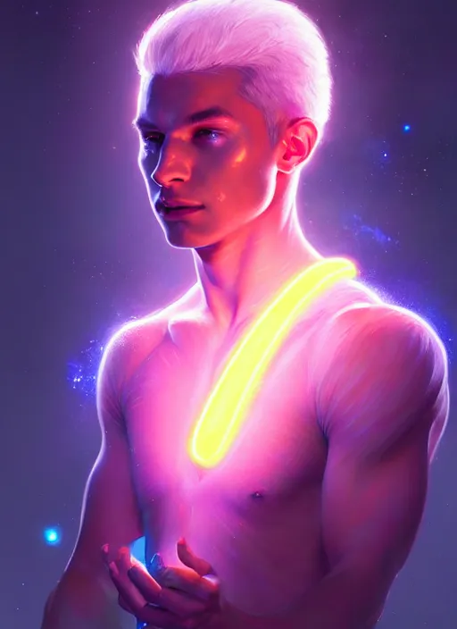 Image similar to a male faceless glowing liquefied stardust adventurer, dnd fantasy character, full body portrait, glowing neon skin, magical aura, ultra realistic, intricate, elegant, highly detailed, digital painting, artstation, smooth, sharp, focus, illustration, art by artgerm and greg rutkowski and alphonse mucha