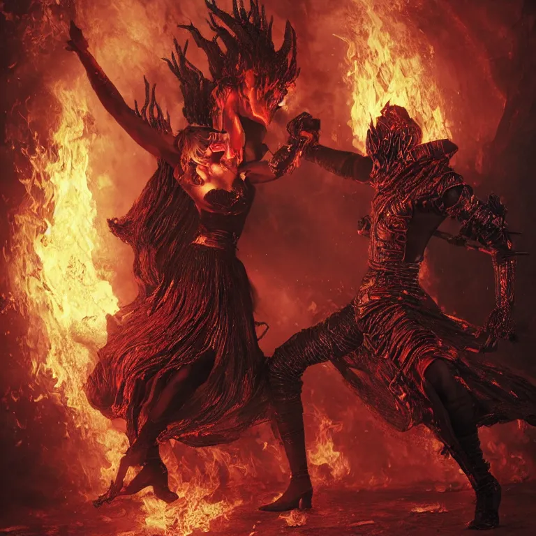 Prompt: black man and a female devil in red dress are dancing together in fire, Dark Souls 3 themed, in style of Ruan Jia, insanely detailed and intricate, golden ratio, elegant, ornate, luxury, elite, matte painting, cinematic, cgsociety, James jean, Brian froud, ross tran, Laputa