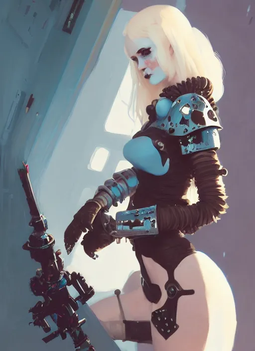 Prompt: portrait of cute goth girl in cyber bikini armor, warhammer, cyberpunk, by atey ghailan, by greg rutkowski, by greg tocchini, by james gilleard, by joe fenton, by kaethe butcher, by gustav klimt, dynamic lighting, gradient light blue, brown, blonde cream and white color in scheme, grunge aesthetic