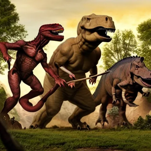 Image similar to A large dinosaur fighting with several realistic detailed cavemen with proportioned bodies, next to the dinosaur are cavemen, the cavemen are armed with spears, the caveman are in a fighting stance, the cavemen are wearing animal furs, one caveman is stabbing the dinosaur with his spear, one caveman is cowering in fear, coarse canvas, visible brushstrokes, intricate, extremely detailed painting by Giorgione (and by Greg Rutkowski)