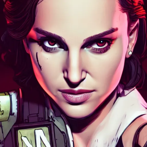 Image similar to young natalie portman portrait, borderlands, tales from the borderlands, the wolf among us, comic, cinematic lighting, studio quality, 8 k