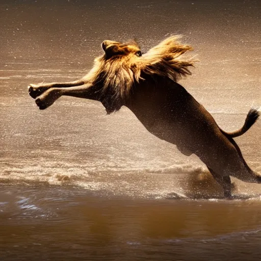 Prompt: photo of lion jumping into a river, dramatic, at night