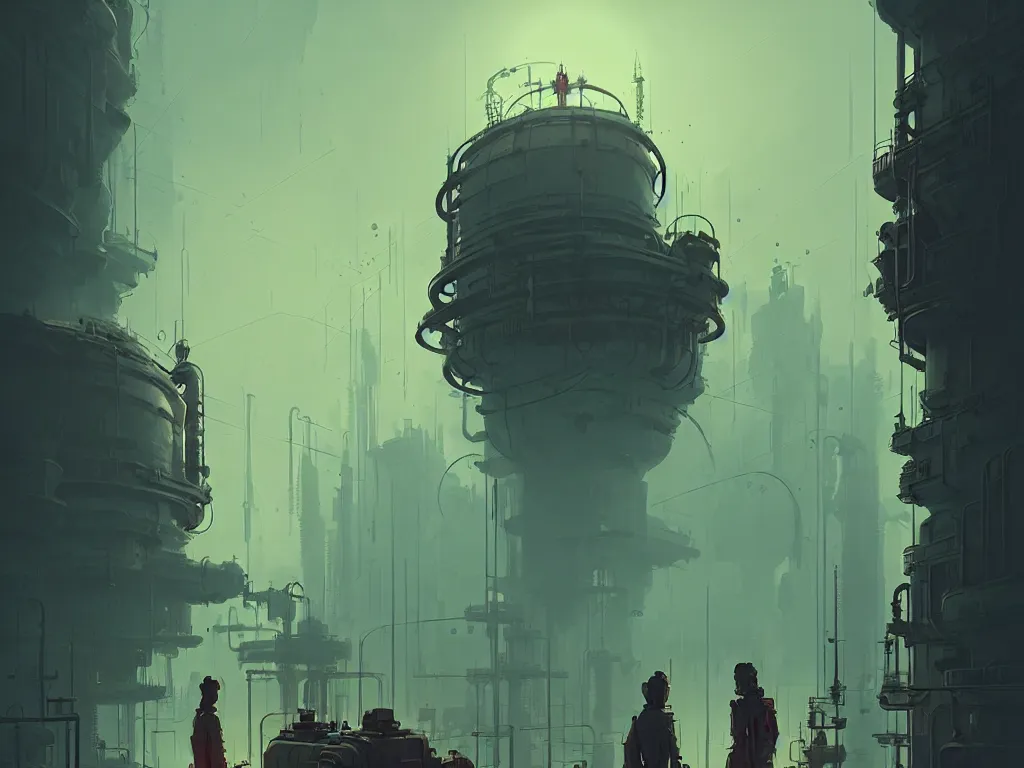 Image similar to creepy steampunk nuclear reactor, persons, by atey ghailan, ismail inceoglu, michal lisowski, artstation, volumetric light, high detail, reflection, ambient occlusion, perfect, dystopian, concept art, hdr, 4 k