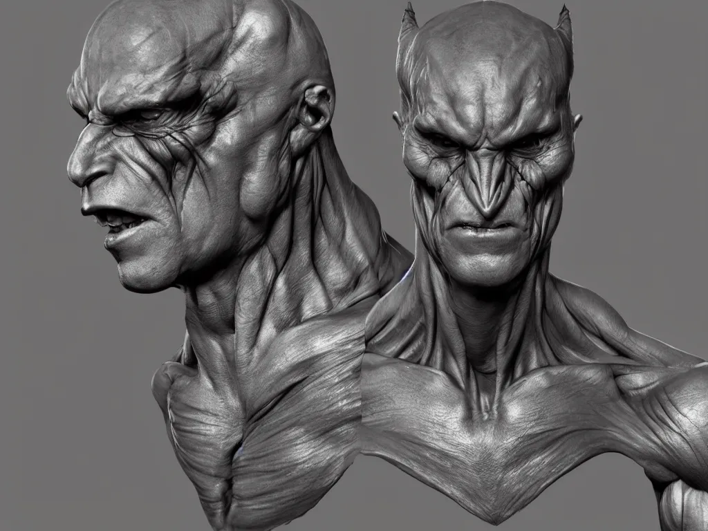 Prompt: game concept art, muscular, exoskeleton, chiroptera head, chiroptera ears, chiroptera nose, hyperrealism, fine detail, artstation, cgsociety, zbrush, no background