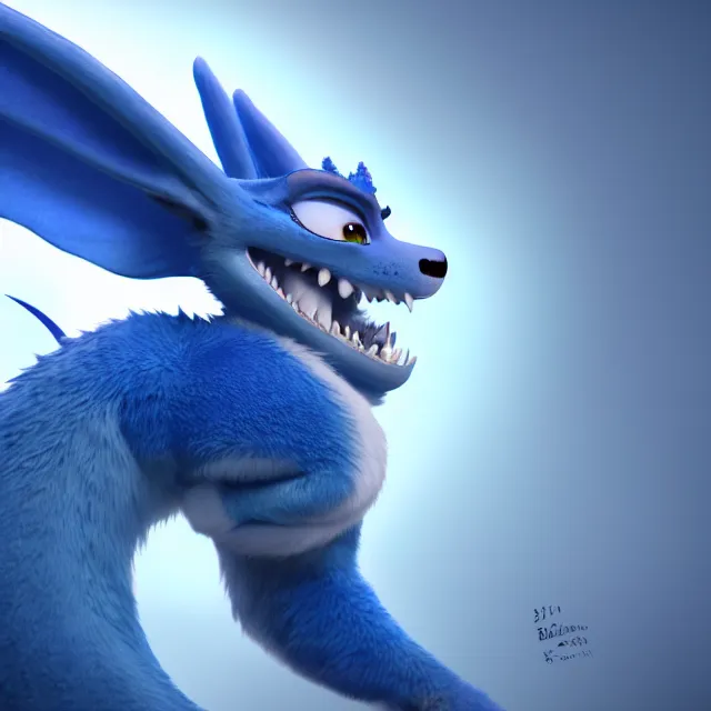 Prompt: a blue dragon with a white belly and gray horns, smooth skin, in the style of zootopia, artstation, high detail, volumetric light, cinematic