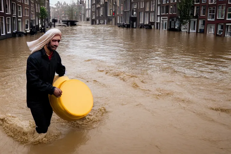 Image similar to closeup potrait of a man carrying a wheel of cheese over his head in a flood in Amsterdam, photograph, natural light, sharp, detailed face, magazine, press, photo, Steve McCurry, David Lazar, Canon, Nikon, focus