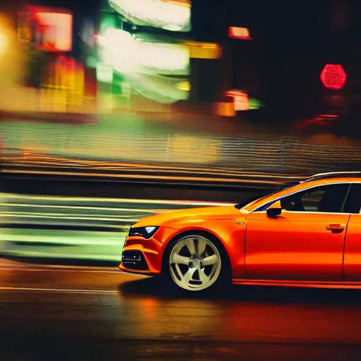 Prompt: photo of a audi a 7 at night driving fast through a city, cinematic, 4 k, long exposure photography, tokyo drift, fast and furious, kodak portra 4 0 0