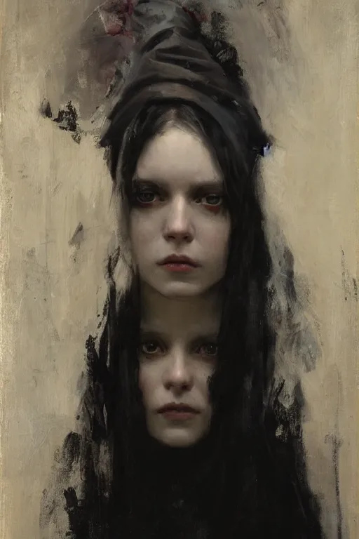 Image similar to Richard Schmid and Jeremy Lipking and Roberto Ferri full length portrait painting of a young beautiful evil fantasy priestess covered head in black except for face