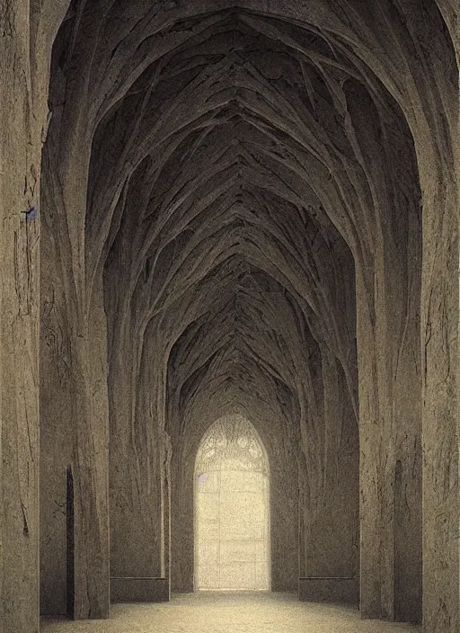 Image similar to crumbled paper bag paper cathedral inside paper bag crumbled Edward Hopper and James Gilleard, Zdzislaw Beksinski, highly detailed