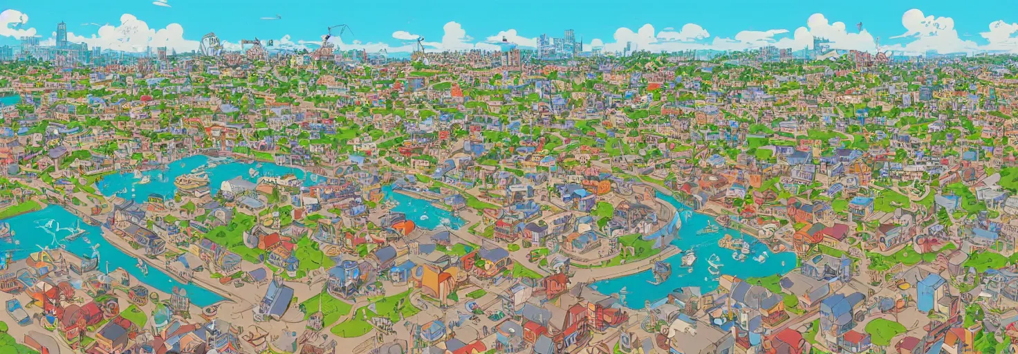 Prompt: a beautiful port town as seen from above in the style of animal crossing new horizons and kiki's delivery service by geof darrow and jean giraud h 6 4 0