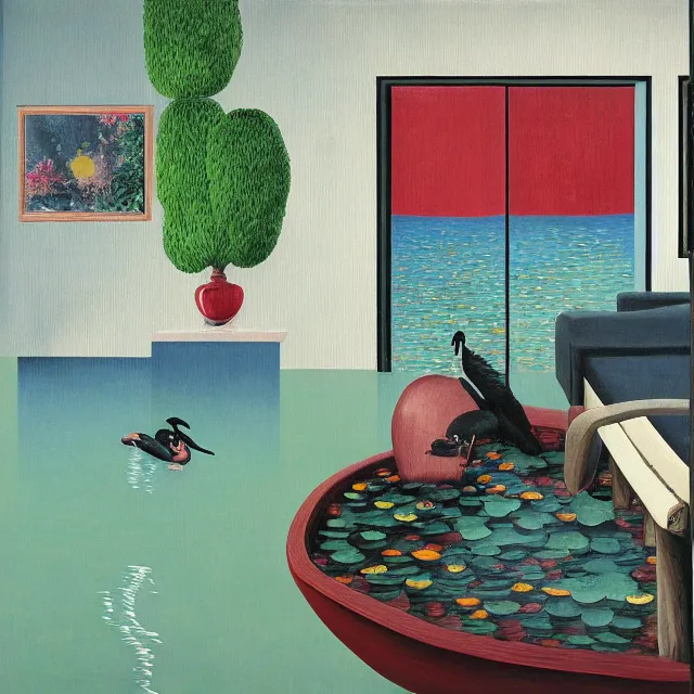 Prompt: painting of flood waters inside an apartment, zen, emo catgirl art student, a river flooding inside, taps with running water, tangello, art supplies in a glass vase, pigs, ikebana, water, river, rapids, waterfall, black swans, canoe, pomegranate, berries dripping, acrylic on canvas, surrealist, by magritte and monet