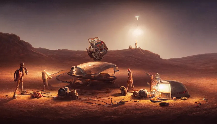 Image similar to a beautiful painting of an archaeological excavation of a ufo powered with flashing lights, in a desert, ray traced lighting by kalin popov and greg rutkowski